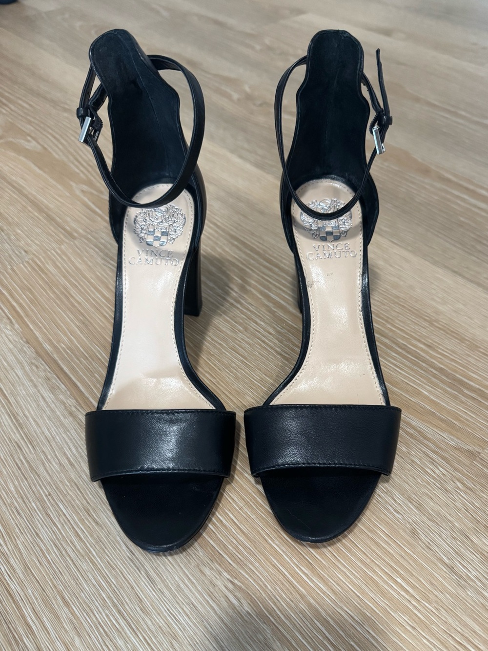 Vince Camuto Black Leather Ankle-Strap Block Heels